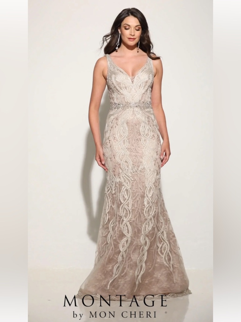 Mon Cheri Champagne Beaded V-Neck Evening Gown
